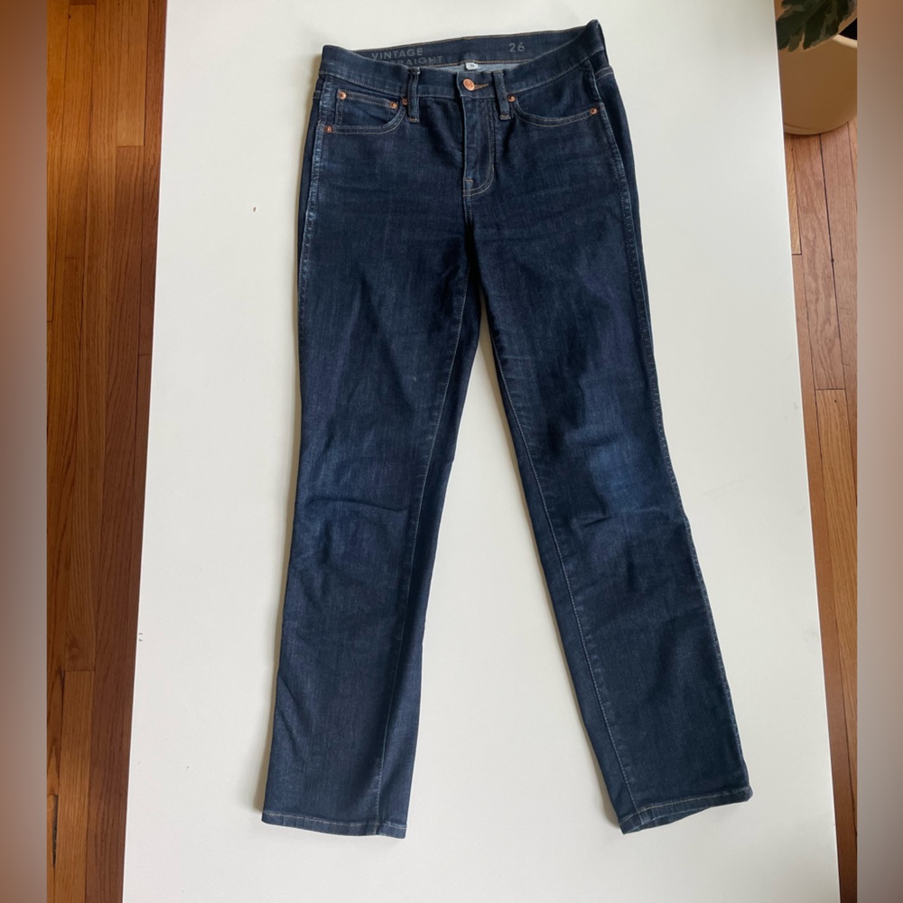 J. Crew 9” Vintage Slim Straight Jeans, Dark Blue, Size 26